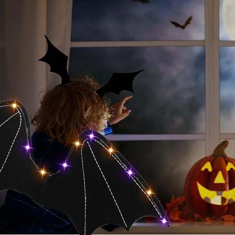 Przebranie nietoperza z LED na Halloween – skrzydła, maska, opaska