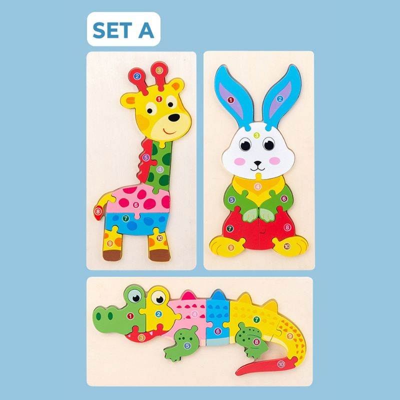 Drewniane puzzle 3D Montessori – zwierzątka, zestaw 3 szt.