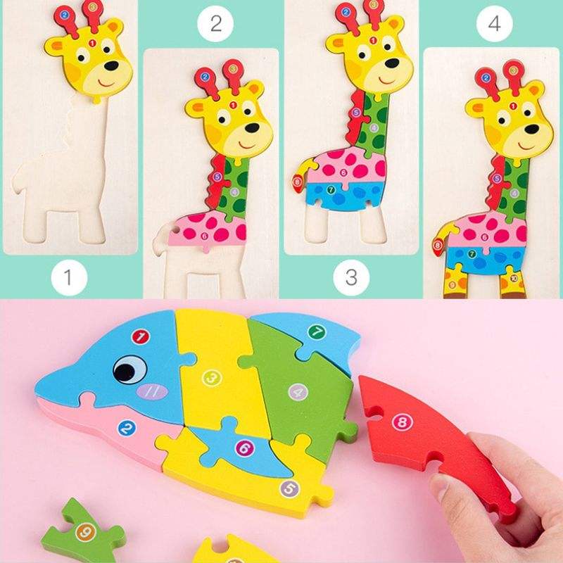Drewniane puzzle 3D Montessori – zwierzątka, zestaw 3 szt.