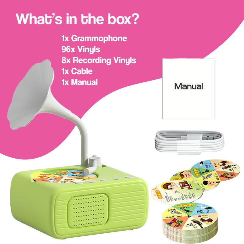 Mini gramofon dla dzieci z 96 płytami i Bluetooth